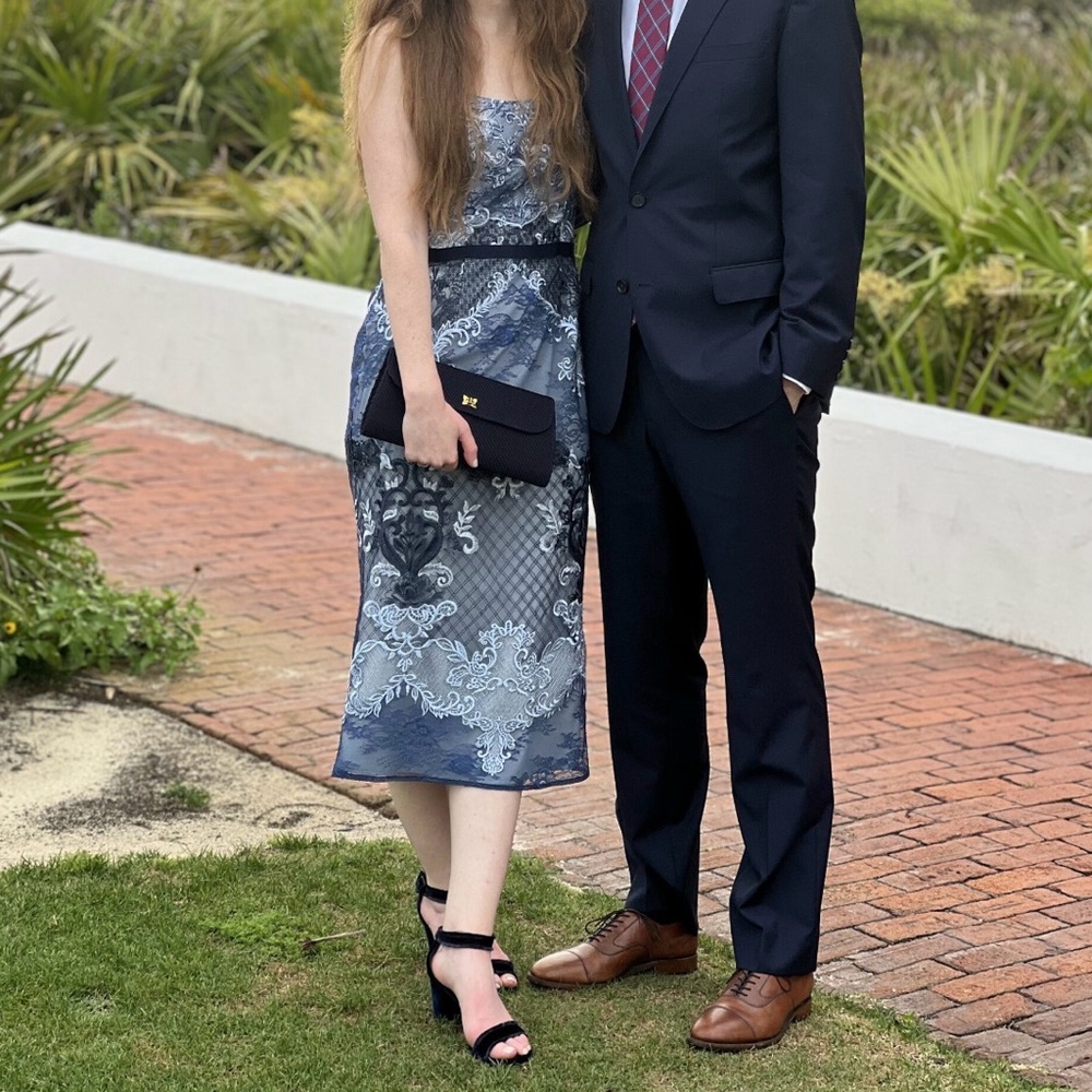 Marchesa Navy and Light Blue Lace Midi Dress - Picture 6 of 9